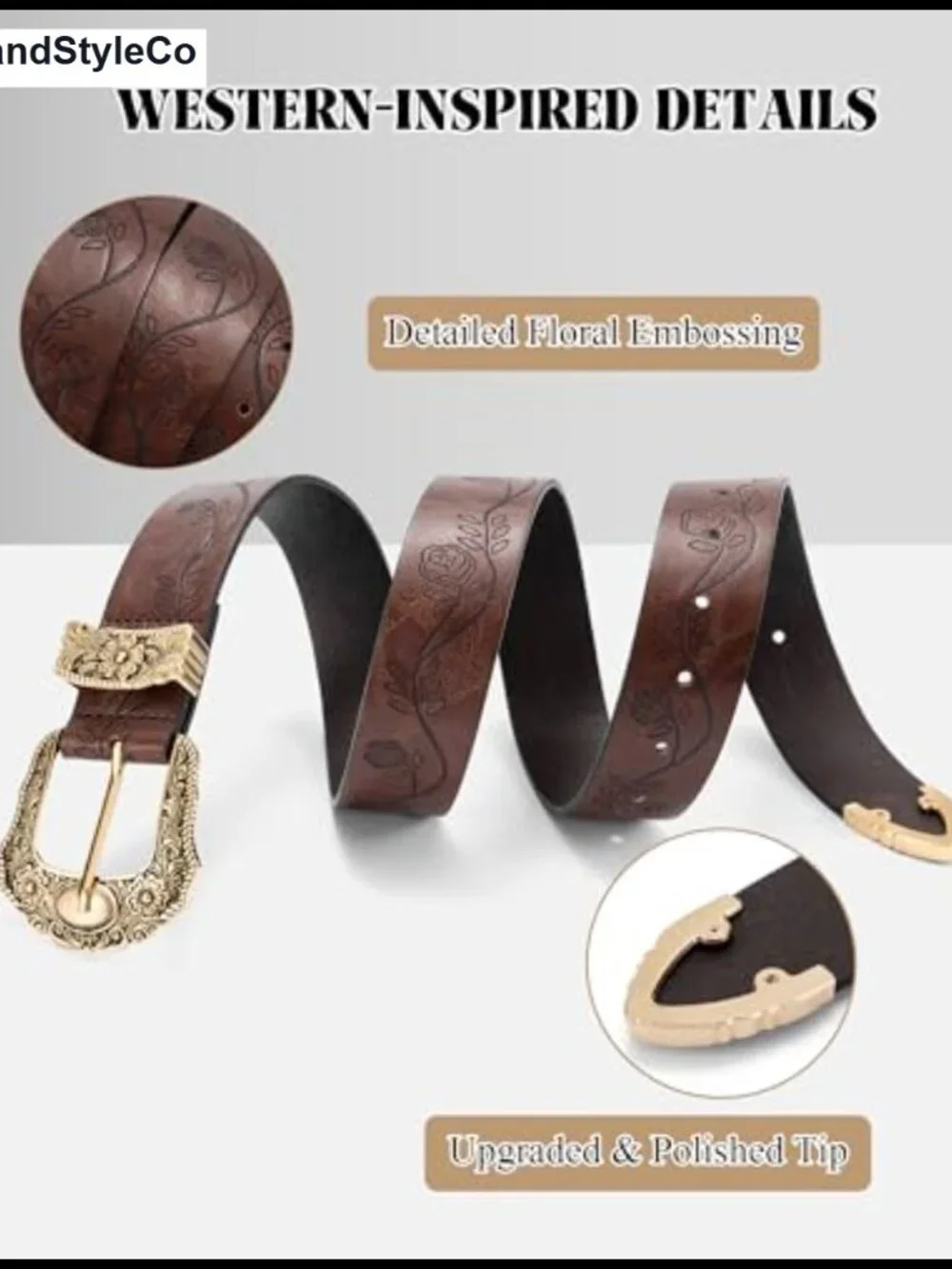 Women's Western Belt PU Leather Embossed Floral Gold Buckle